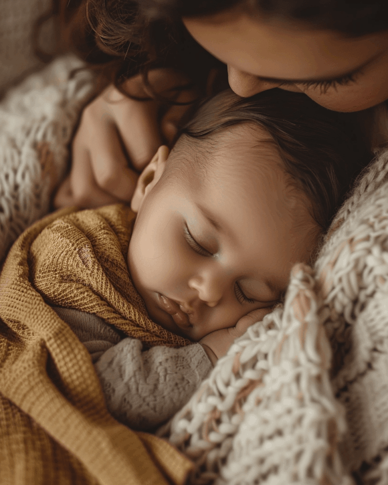 Schlafendes Baby kuschelt an Mamas Brust – Geborgenheit unterstützt die Milchbildung