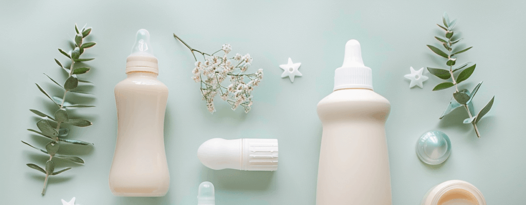 Babyflaschen, Pflegeutensilien und Zubehör für die Stillzeit auf mintfarbenem Hintergrund