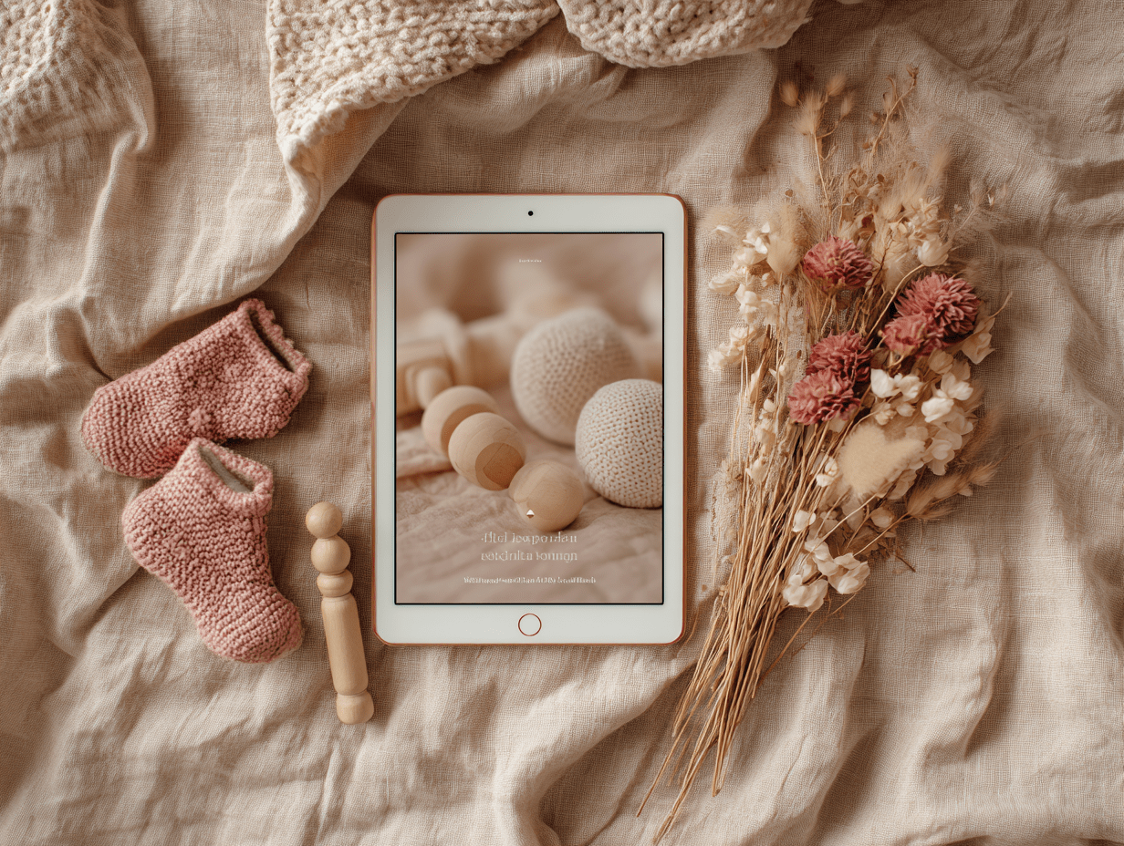 Tablet mit E-Book zu Schwangerschaft & Baby, daneben Stricksöckchen und Trockenblumen