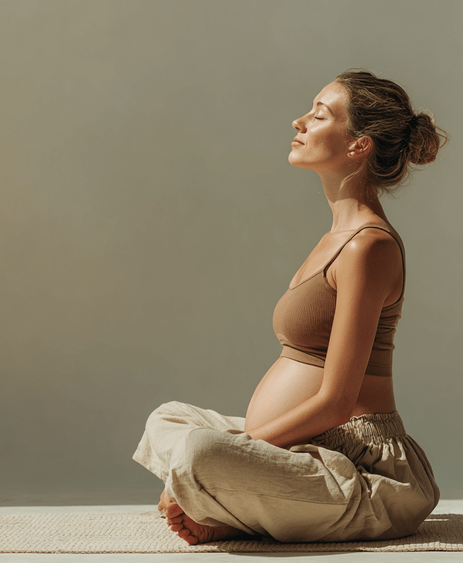 Schwangere Frau sitzt im Schneidersitz auf einer Yogamatte und meditiert mit geschlossenen Augen.