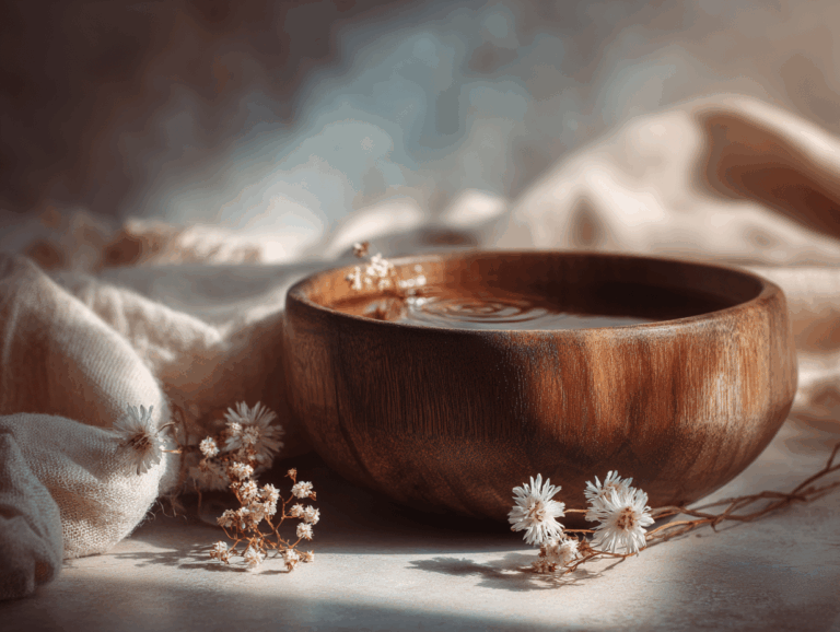 Holzschale mit Wasser und Blumen – Entspannungsritual im 3. Trimester
