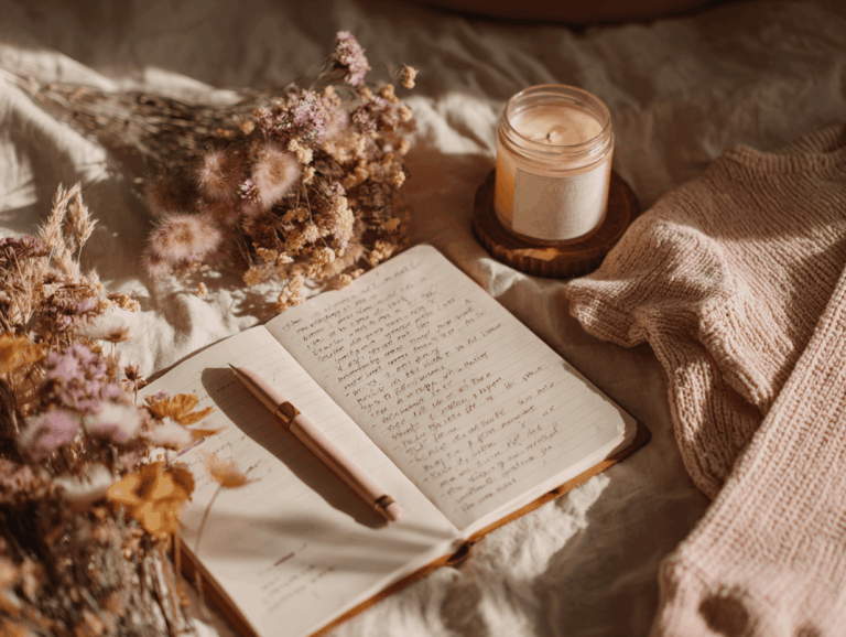 Offenes Notizbuch mit handgeschriebenen Affirmationen, umgeben von Blumen und Kerzen – Geburtsvorbereitung mit Geburtsaffirmationen