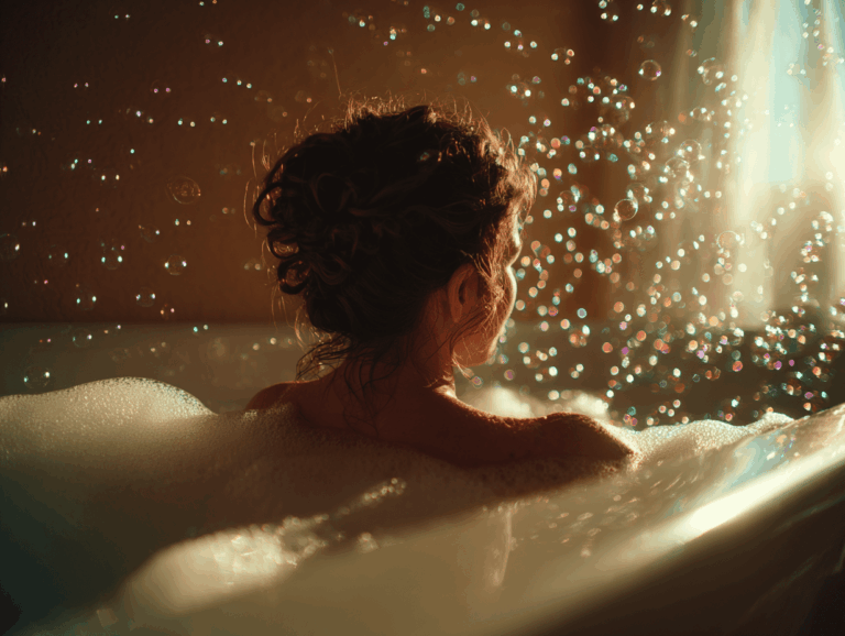 Schwangere Frau entspannt in einer Badewanne mit Schaum und Lichtreflexen