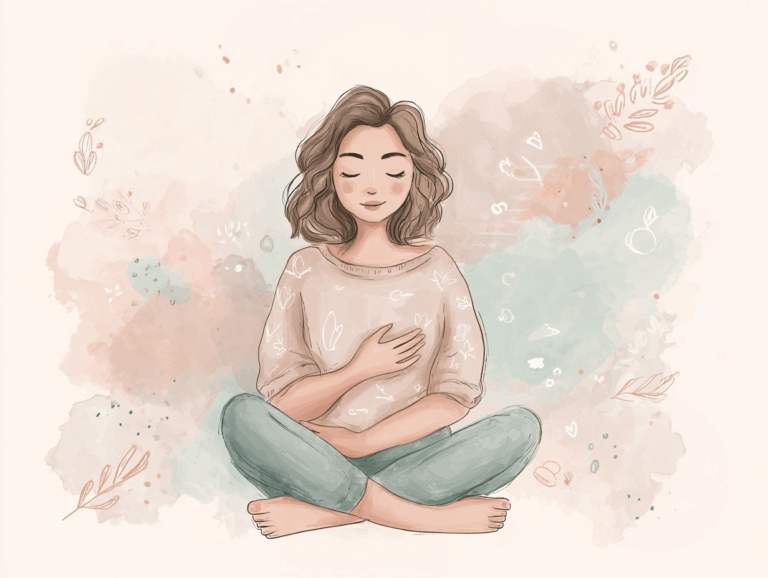 Illustration einer entspannten Frau im Schneidersitz mit geschlossenen Augen – innere Ruhe durch Geburtsaffirmationen