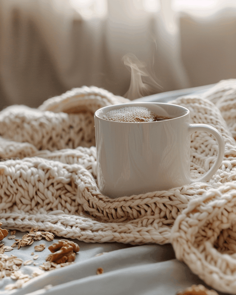 Tasse Stilltee auf Strickdecke mit Haferflocken und Nüssen – Ernährung für die Milchbildung