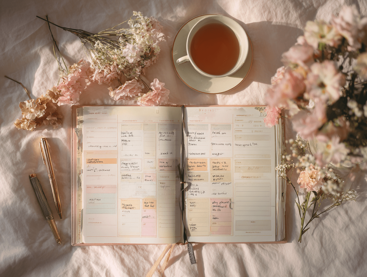 Mama-Planer mit Tee und Blumen – stilvolle Wochenübersicht für den Familienalltag