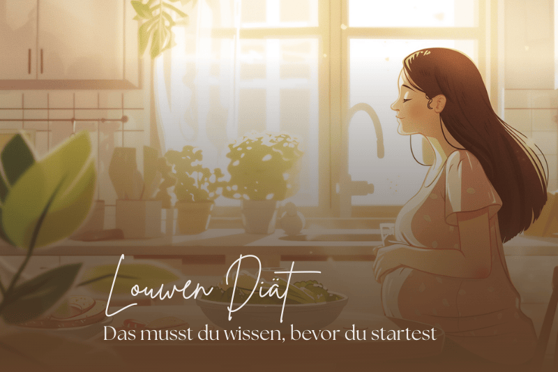 Illustration einer schwangeren Frau in der Küche – Einführung in die Louwen Diät zur Geburtsvorbereitung